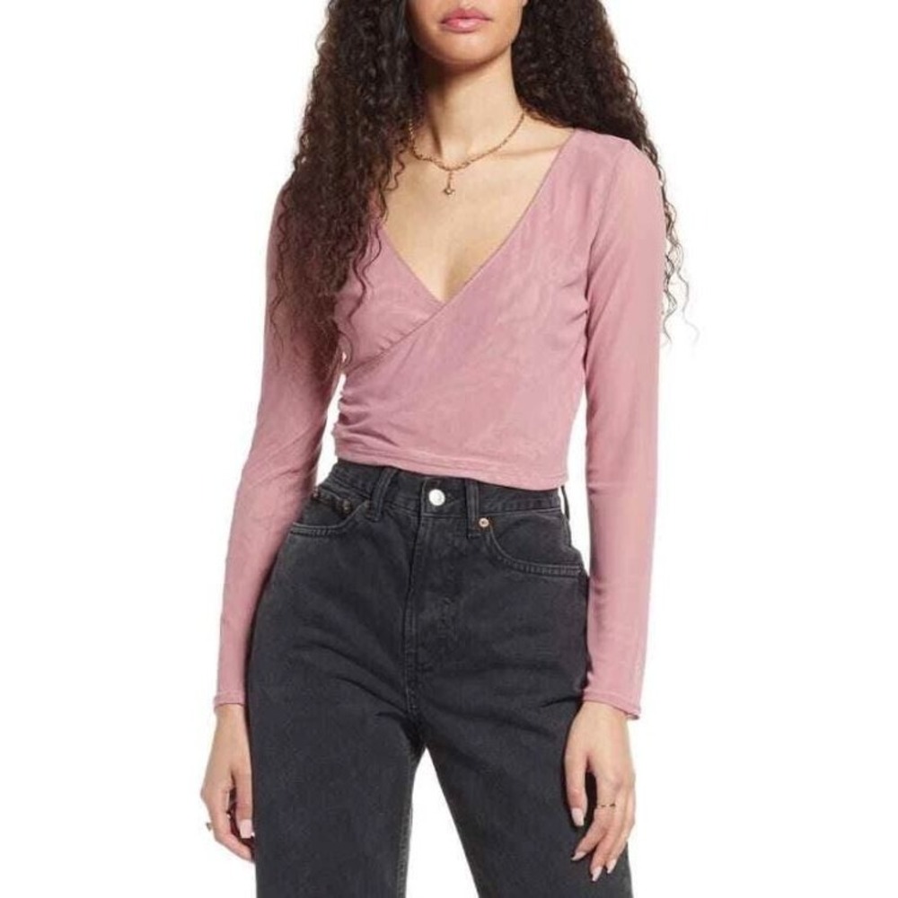 BP. Women's Long Sleeve V-Neck Faux Wrap Mesh Crop Top in Pink Nostalgia Medium
